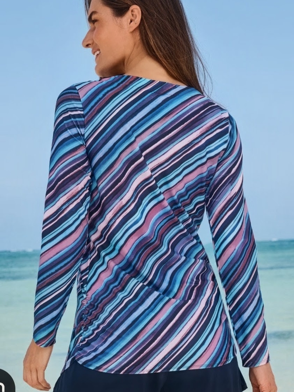 Striped Long-Sleeve Swim Top in Blue-Purple
